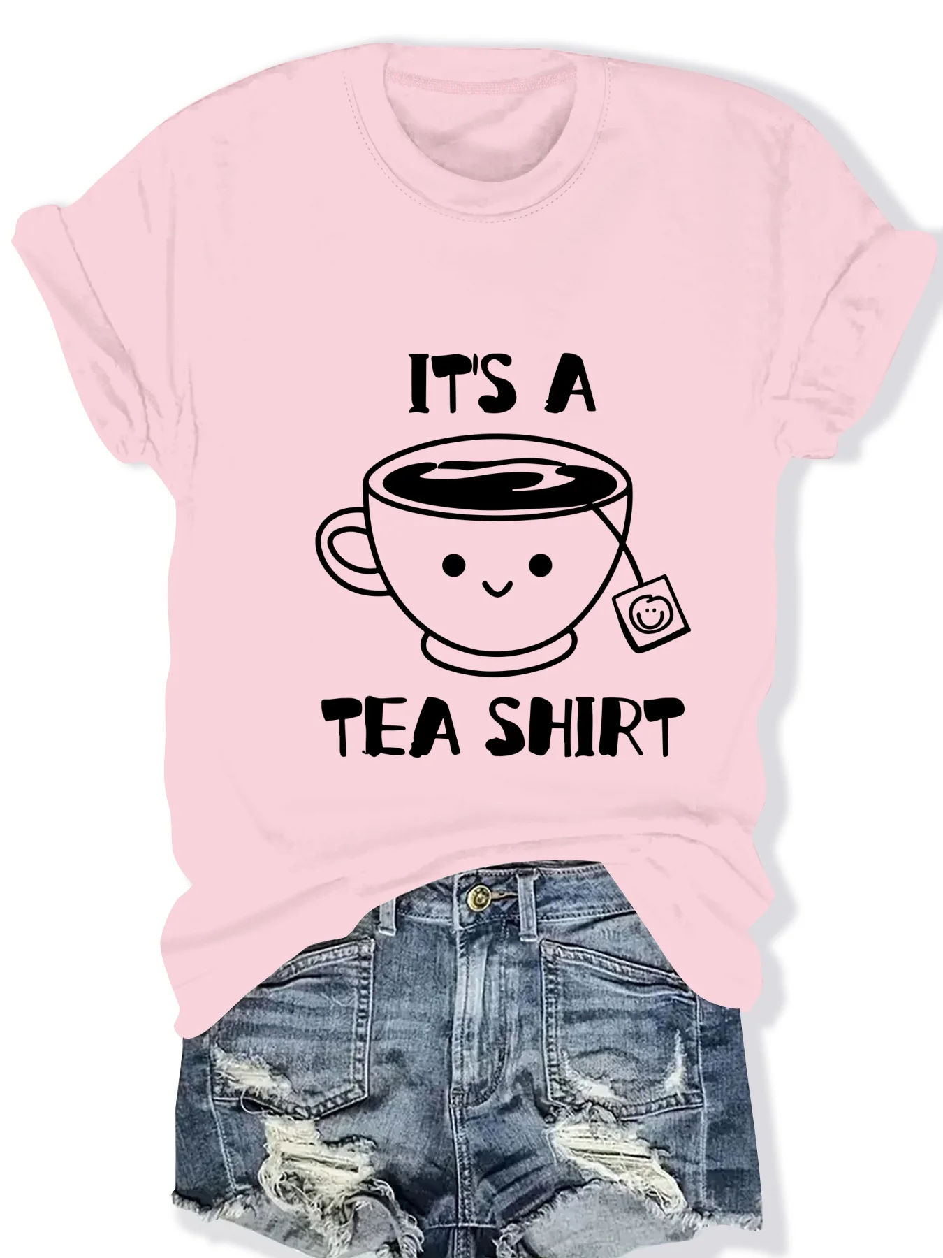 

Fashionable Tea Cup Pattern Printed Short Sleeve Ladies' Top Trendy Design Women's T-Shirt Casual Wear