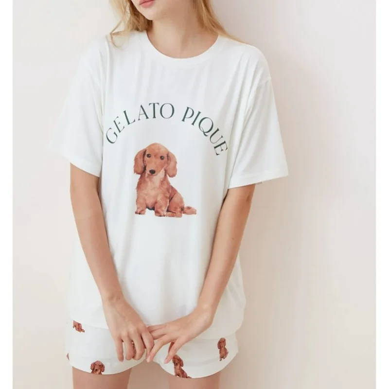 2024 Summer Home Fury Set Cute Dog Simple Short Sleeved T-shirt Women\'s Shorts Two Piece Set Can Be Worn As Pajamas