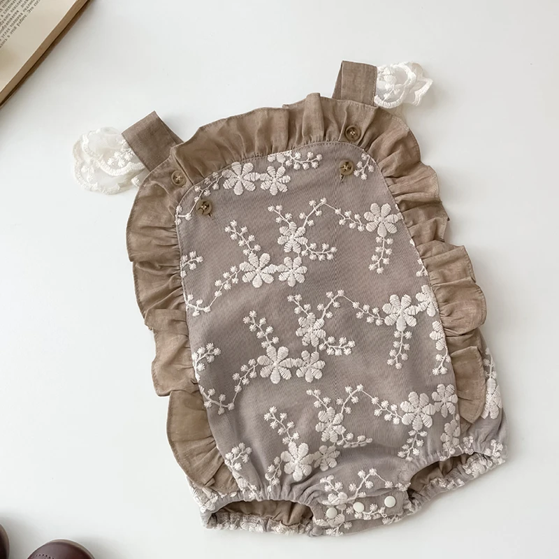 Infant Baby Girls Bodysuits Sleeveless Cotton Lace Stitching Flower Embroidery Toddler Baby Girls Jumpsuit Summer Clothes