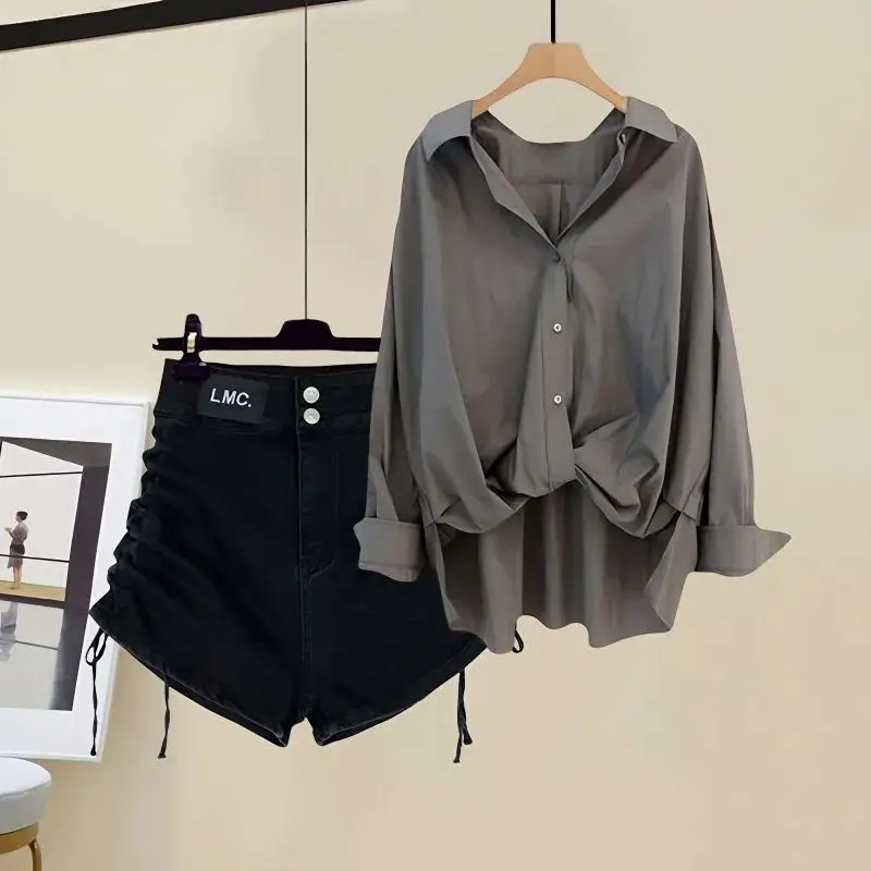 Spring/Summer Set Women\'s 2023 New Fashion Retro Tank Top Casual Shirt High Waist Slim Shorts Three Piece Set