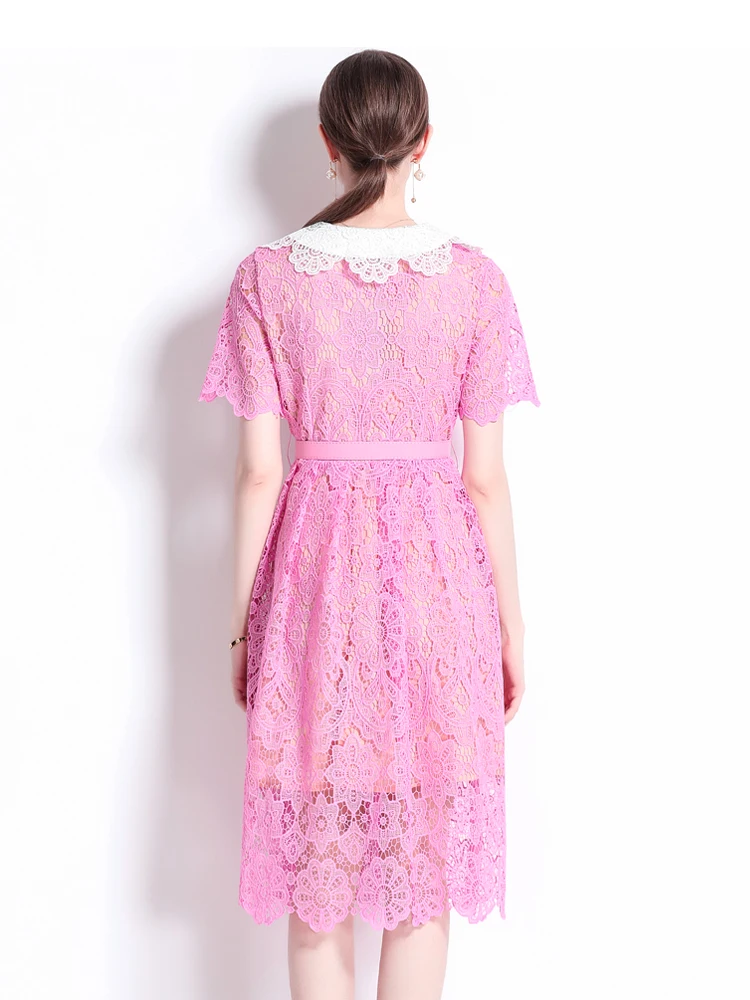 Sweet Short sleeve Lace embroidery Midi dress for women 2024 Summer Elegant Metal buttons long dresses with belt INKEO 4D048