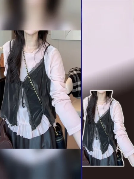 

plus Size Women's Lace Trim V-Ne Csole Tank Top Set Base Layer Inner Wear Two-Piece Set Faionable Design Breathable Sp...