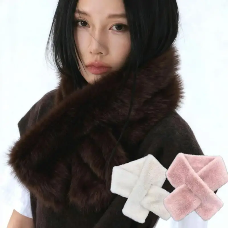 

Plush Cross Women's Scarf Winter Thickened Soft Furry Neck Warmer Solid Color Faux Rabbit Fur Cold Proof Scarves Christma Gift