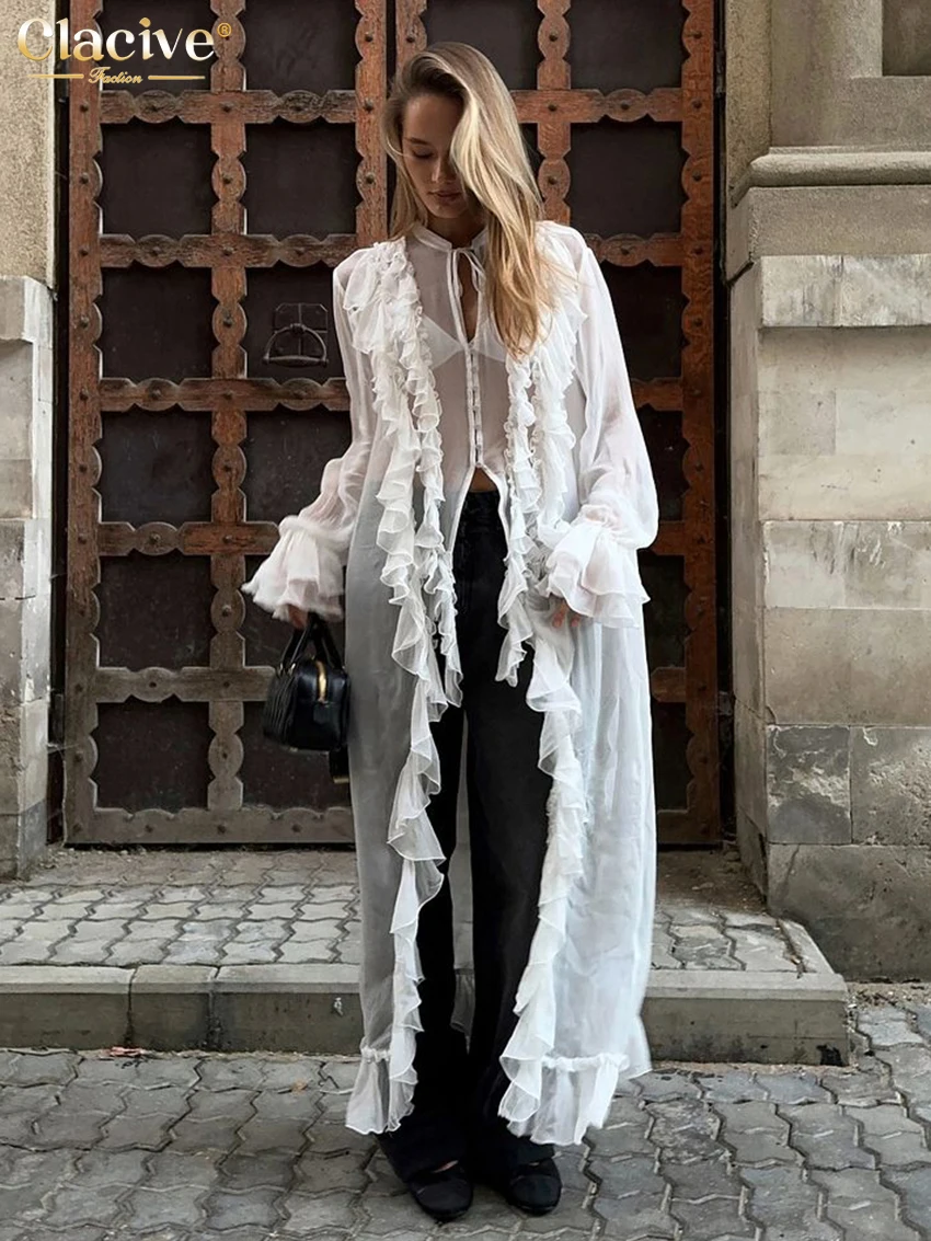 Clacive Sexy Loose White Women's Dress Fashion O-Neck Long Sleeve Ankle Length Dresses Elegant See Through Ruffle Female Dress