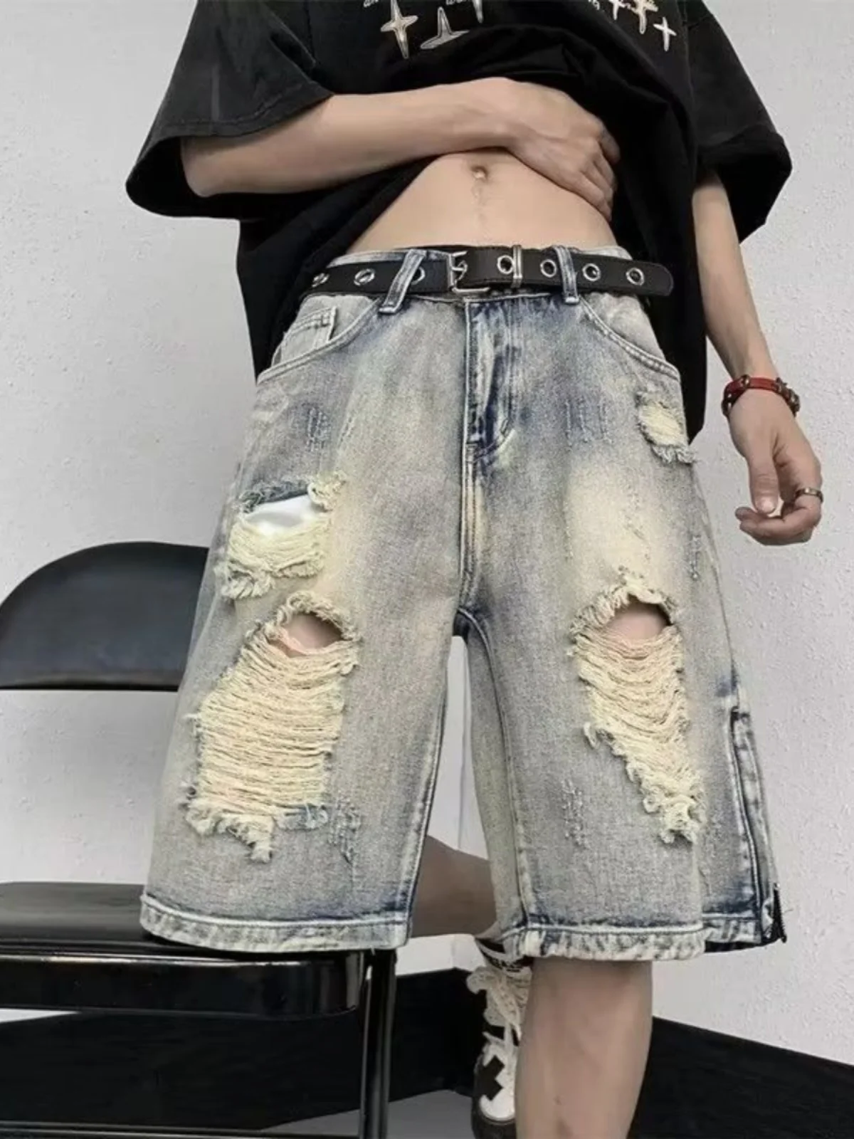 

American Retro Large Size Men's Denim orts Summer Loose High Street Cool Feeling Zipper Five-Point Pants with Hole