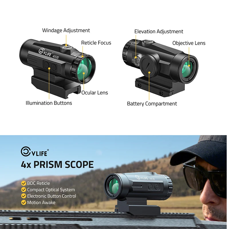 

VLIFE 4X Compact Prism Scope with Motion Awake Technology 10 Levels Red Illuminated BDC Reticle Optics Fully Multi-Coated Lense