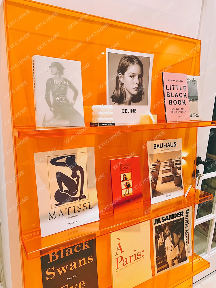 Customization simple modern bookshelf against the wall, blue orange acrylic storage magazine stand, net celebrity clothing store