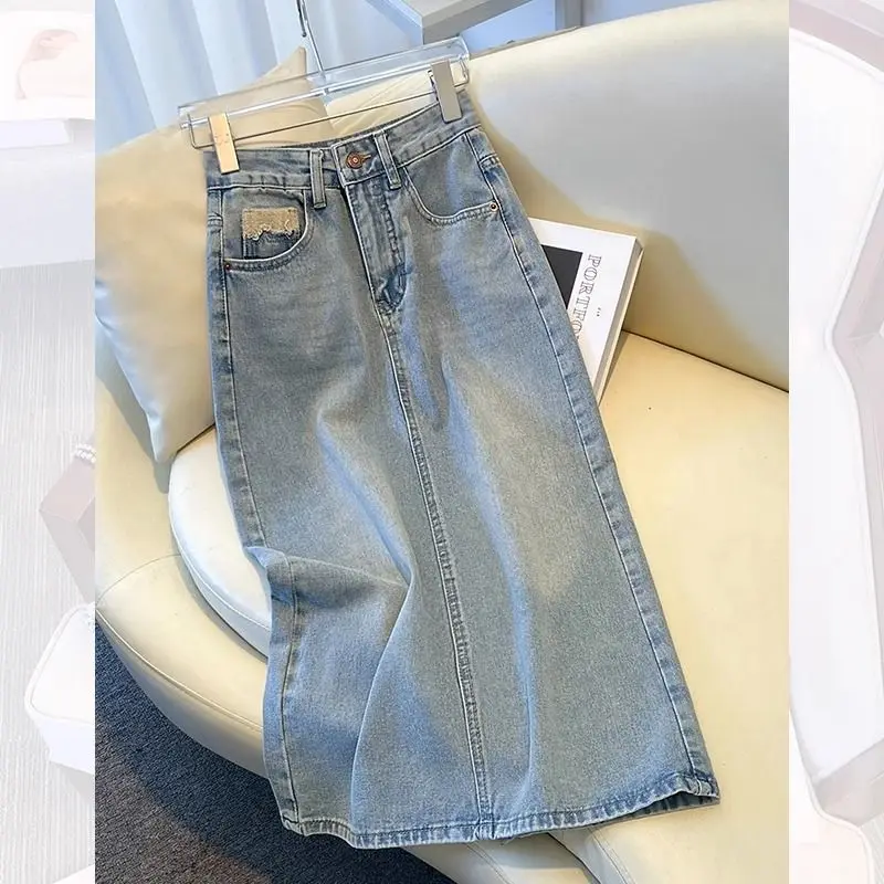 

Light denim skirt women's spring and autumn 2024 new long fashion temperament high waist slim split A-bag hip skirt