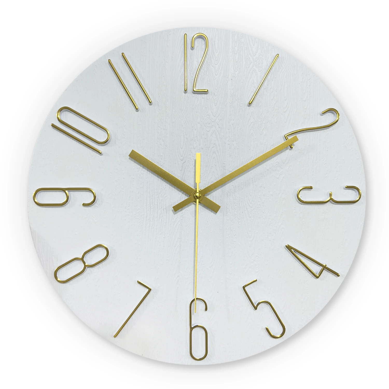 12inch White Wall Clock with Gold 3D Numbers, Silent Non-Ticking Quartz Decorative Clock, Creative Hollow-Out Round Wall Clock, Suitable for Living Room, Home, Office Decoration, Holiday Gift (Battery Not Included)