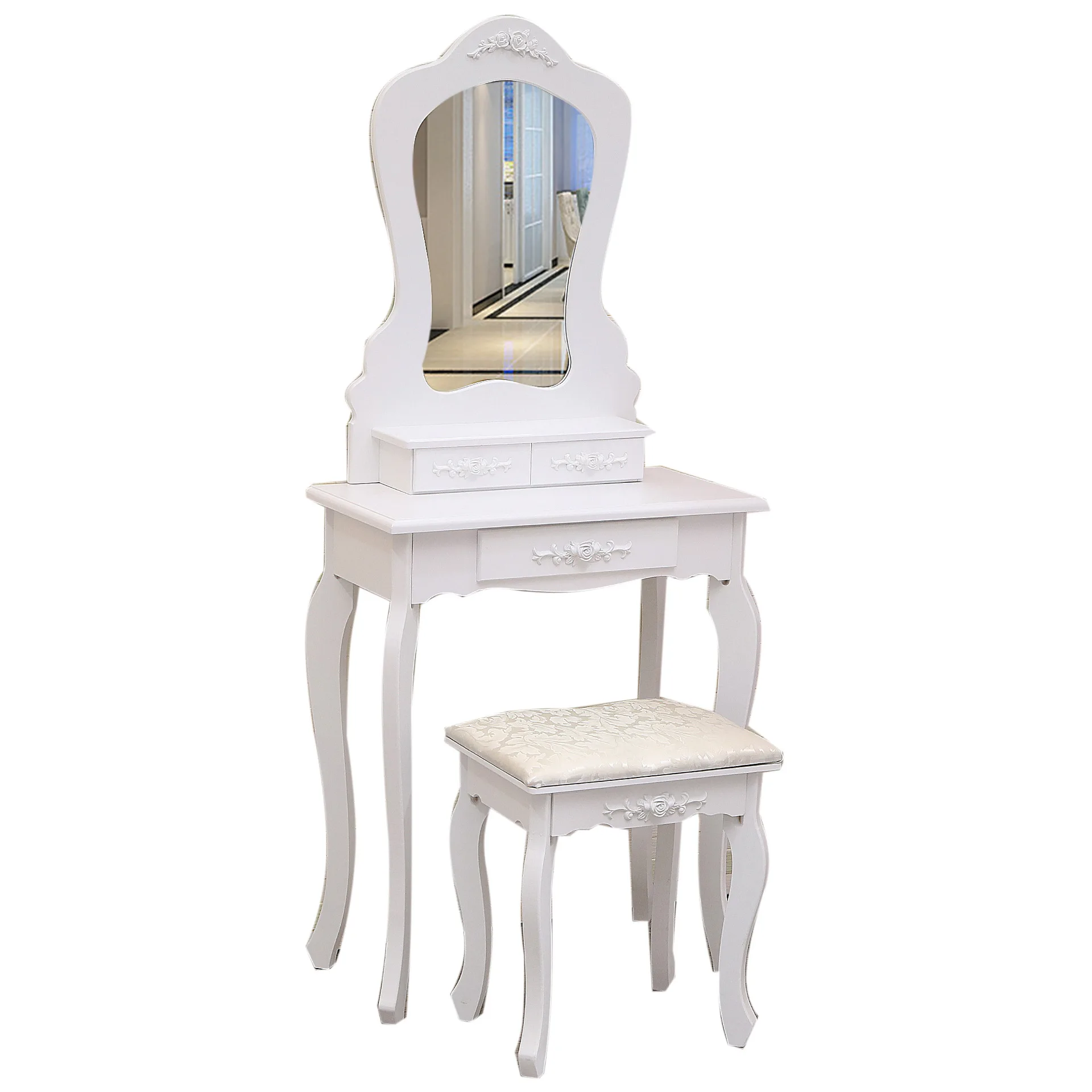 

European-style curved legs single mirror, three-pump dresser, modern and simple bedroom