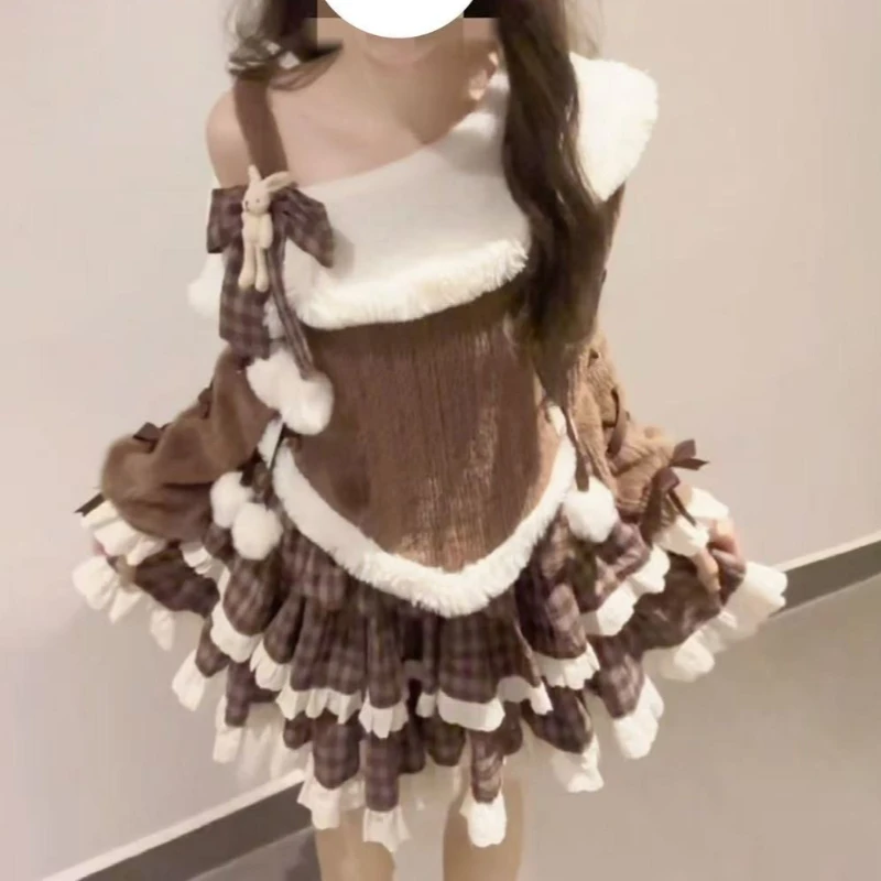 

Японские милые осенне-зимние комплекты для женщин Kawaii вязаный топ + торт Короткая юбка Костюм Harajuku Bow Милый теплый комплект из 2 предметов 2025 Новый