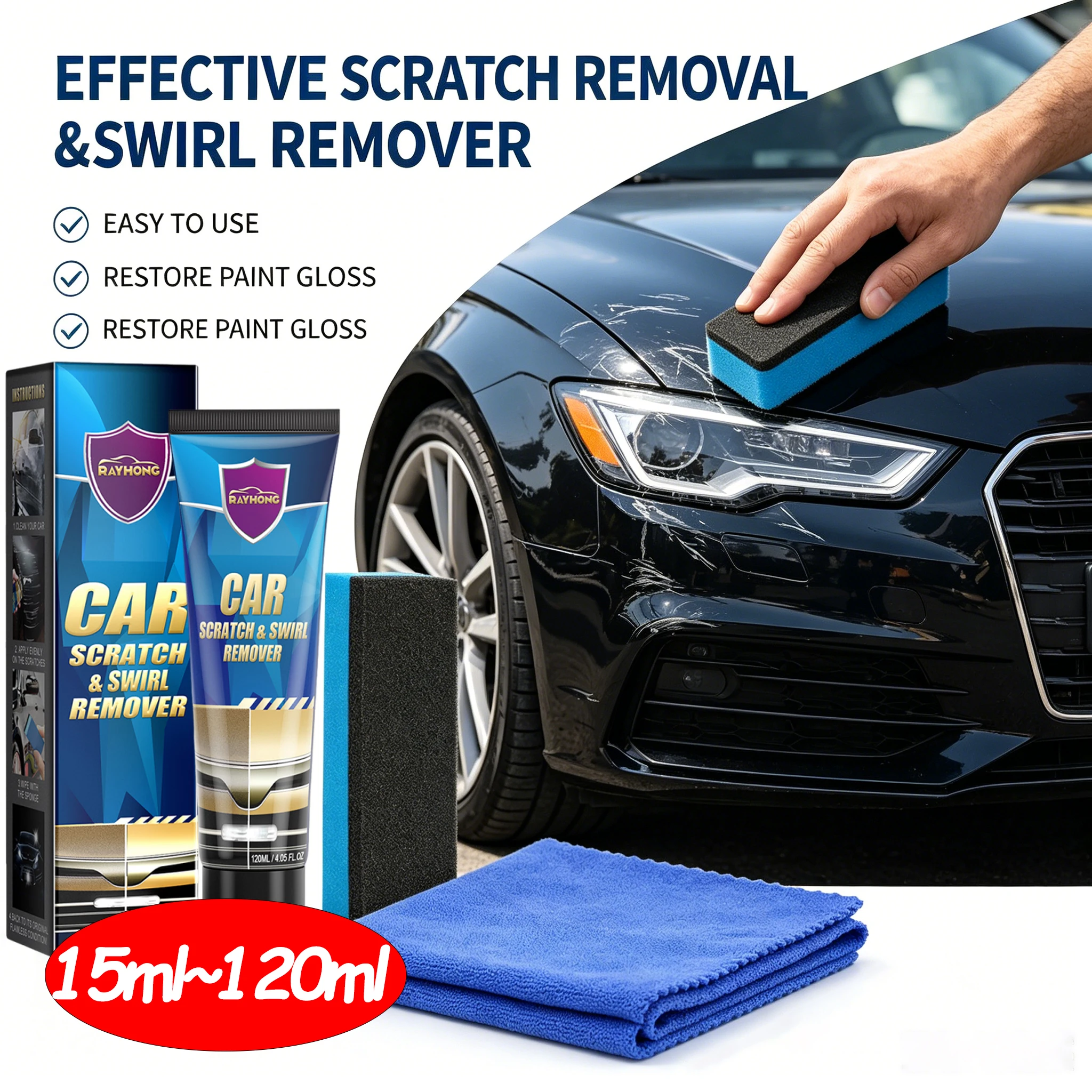 

15ml~120ml Universal Car Scratch Remover Kit Pro Swirl Mark & Surface Scuff Repair Compound Easy DIY Paint Restorer with Access