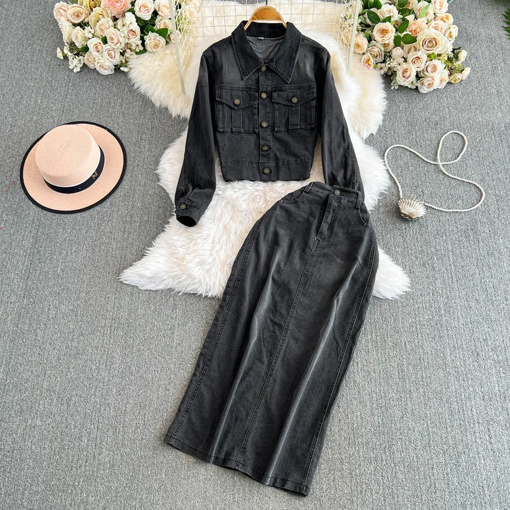 Neploe New Vintage Turn-down Collar Long Sleeve Sets Coat French Style Bodycon Small Fragrance High Waist Skirt Denim Suit Falda