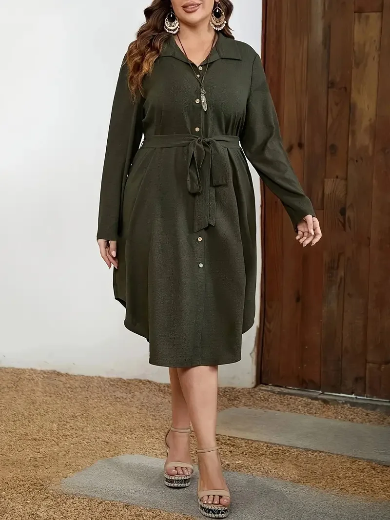 GIBSIE Plus Größe 2024 Herbst Neue Lose Gürtel Hemd Kleid Frauen Casual Lange ärmeln Revers Taste Unten Damen Solide midi Kleider