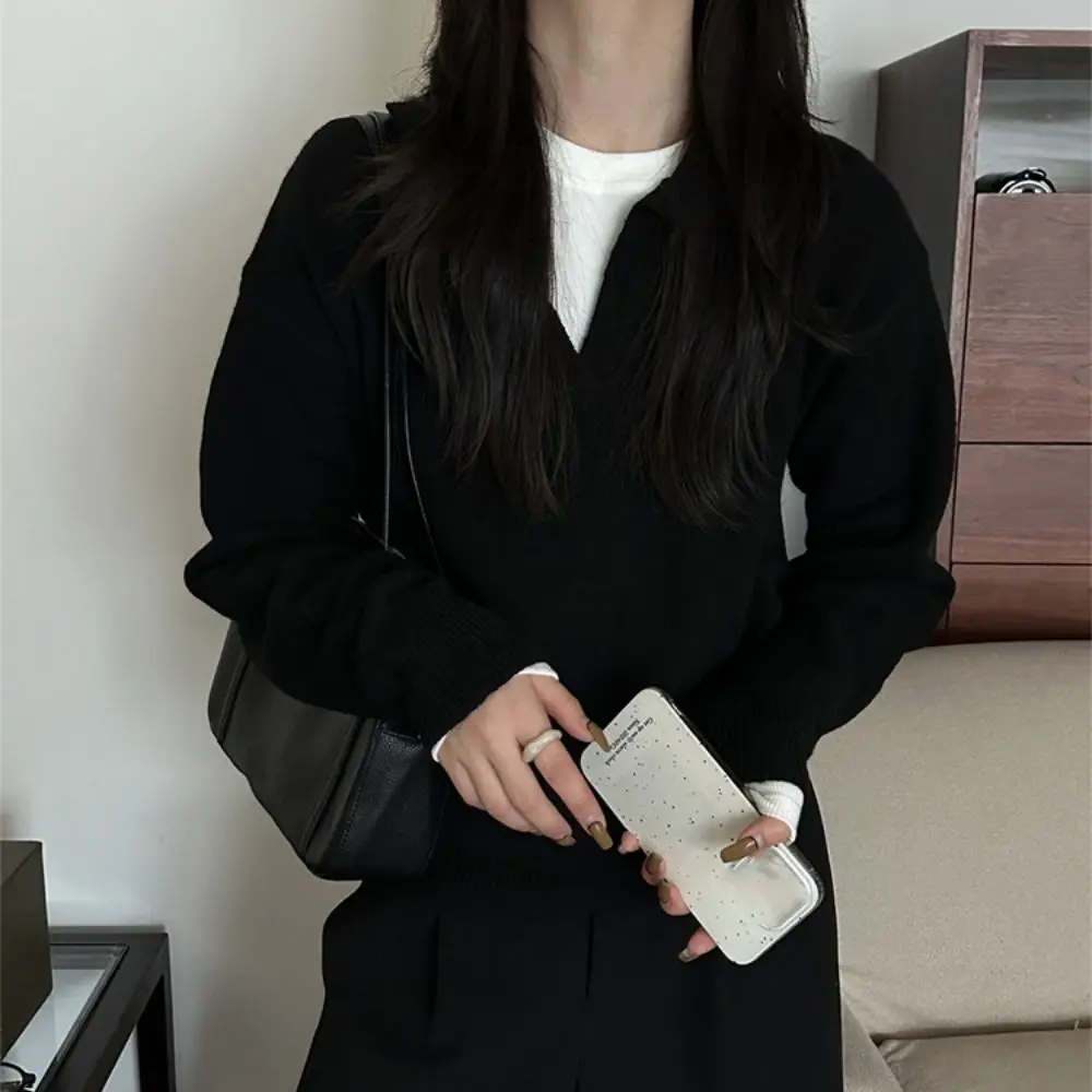 

Стильные однотонные кардиганы с откидным воротником, простой трикотаж с длинными рукавами, свободный пуловер, вязаный топ для женщин, осень