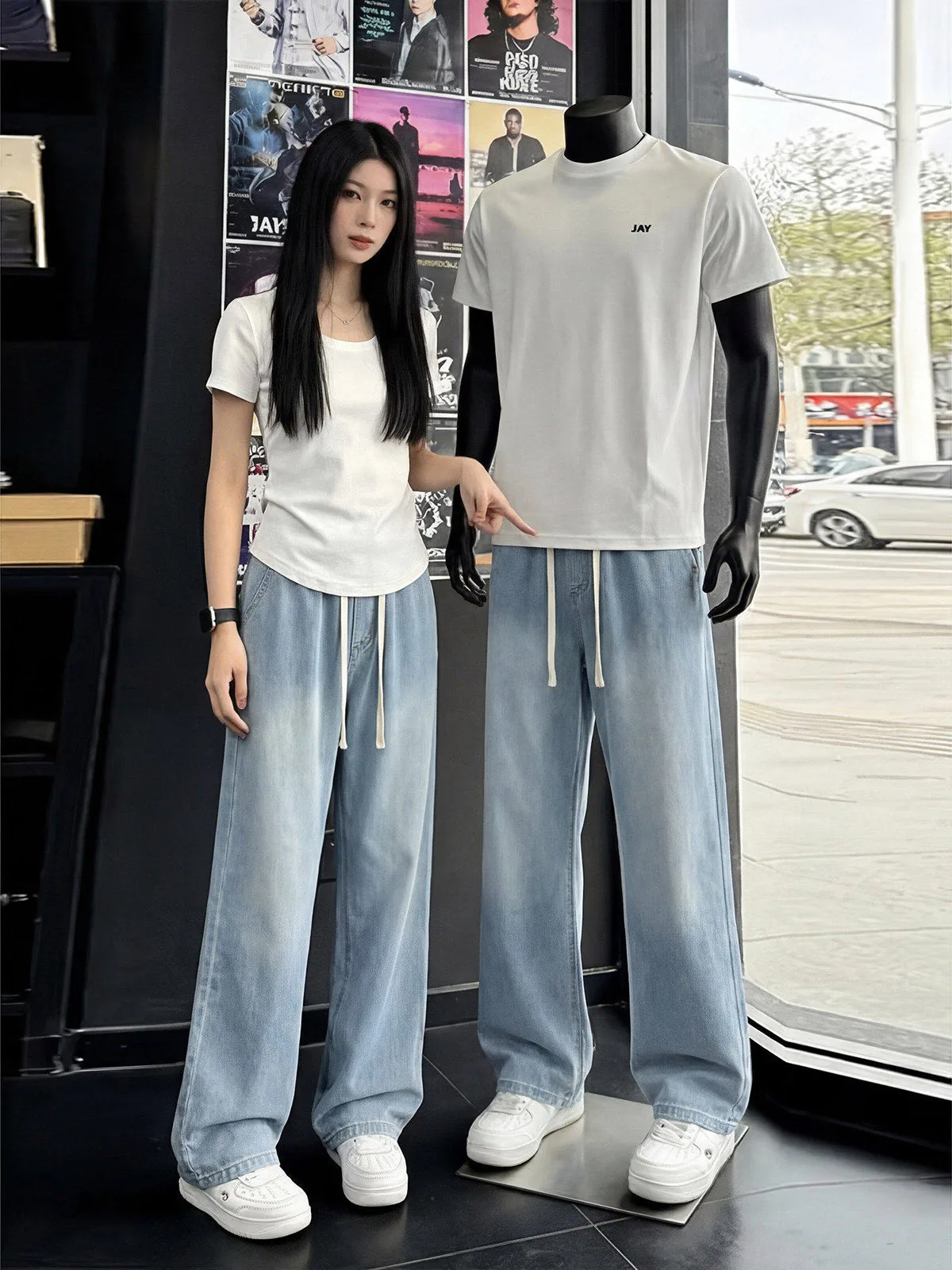 

Retro Loose Waist Light Blue Jeans Men's American Summer Thin Straight Leg Wide Leg Pants Drapey Loose Fit Teenager Jeans