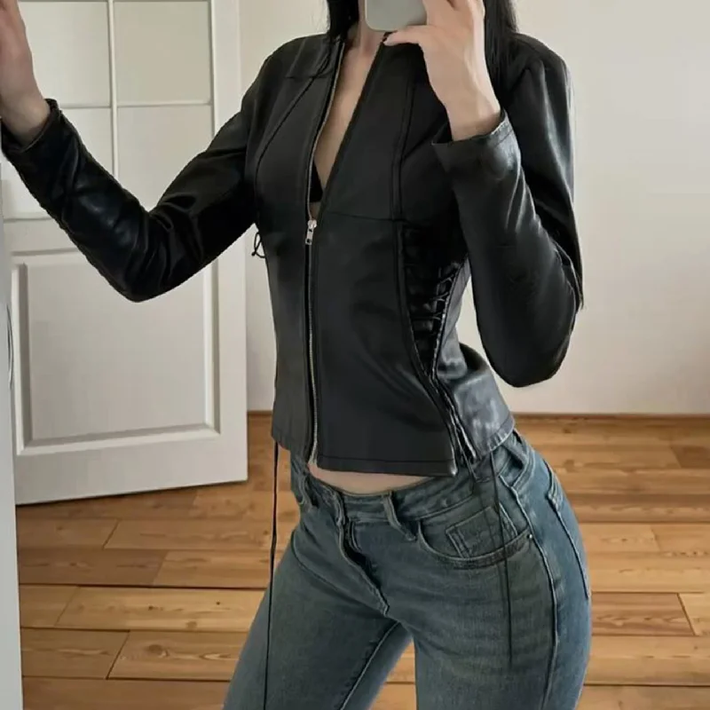 المرأة بو الجلود سترة أبلى البريدي الزي ربيع الخريف أزياء قصيرة معطف الدراجة الإناث