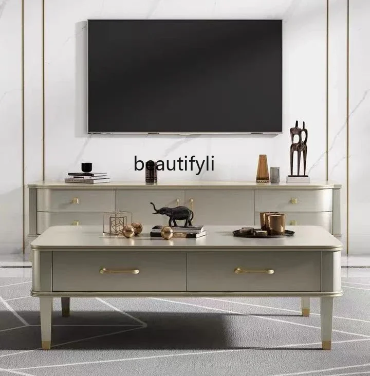 

Light luxury TV cabinet coffee table combination living room floor cabinet modern simple American solid wood video cabinet
