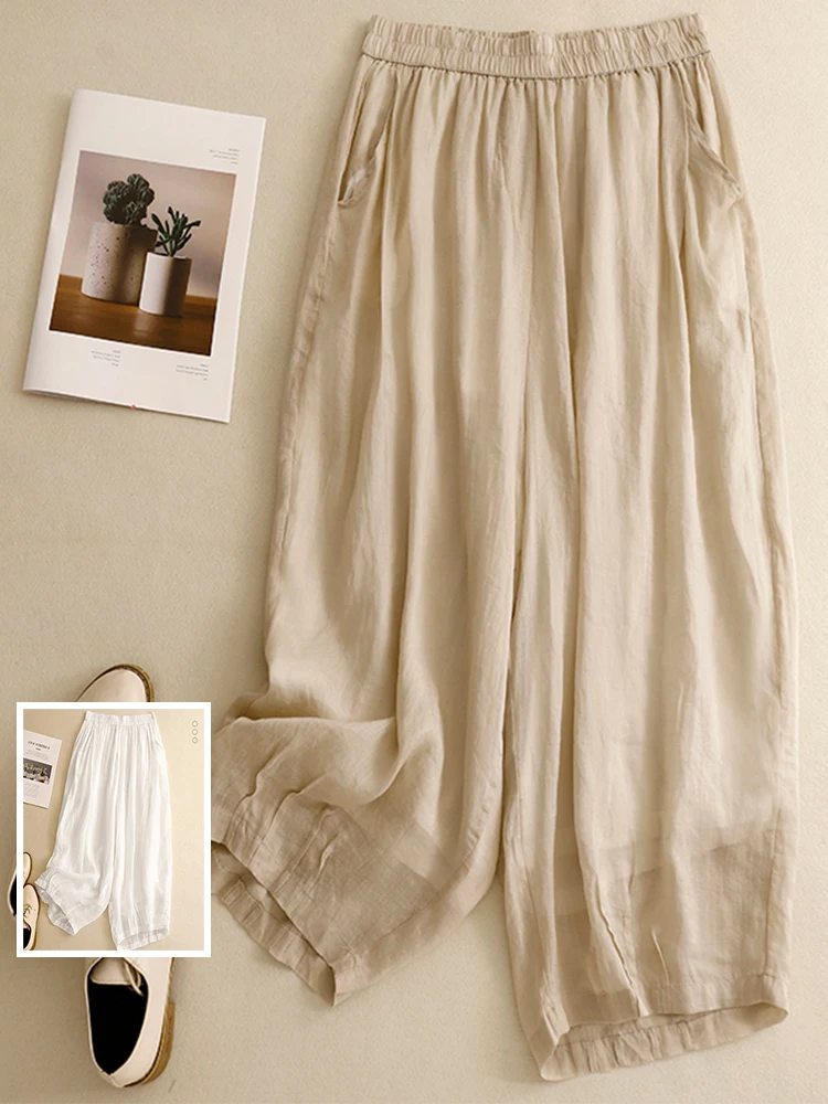 

Легкие дышащие однотонные льняные двухслойные повседневные брюки с девятью футами, свободные женские прямые широкие брюки с высокой талией