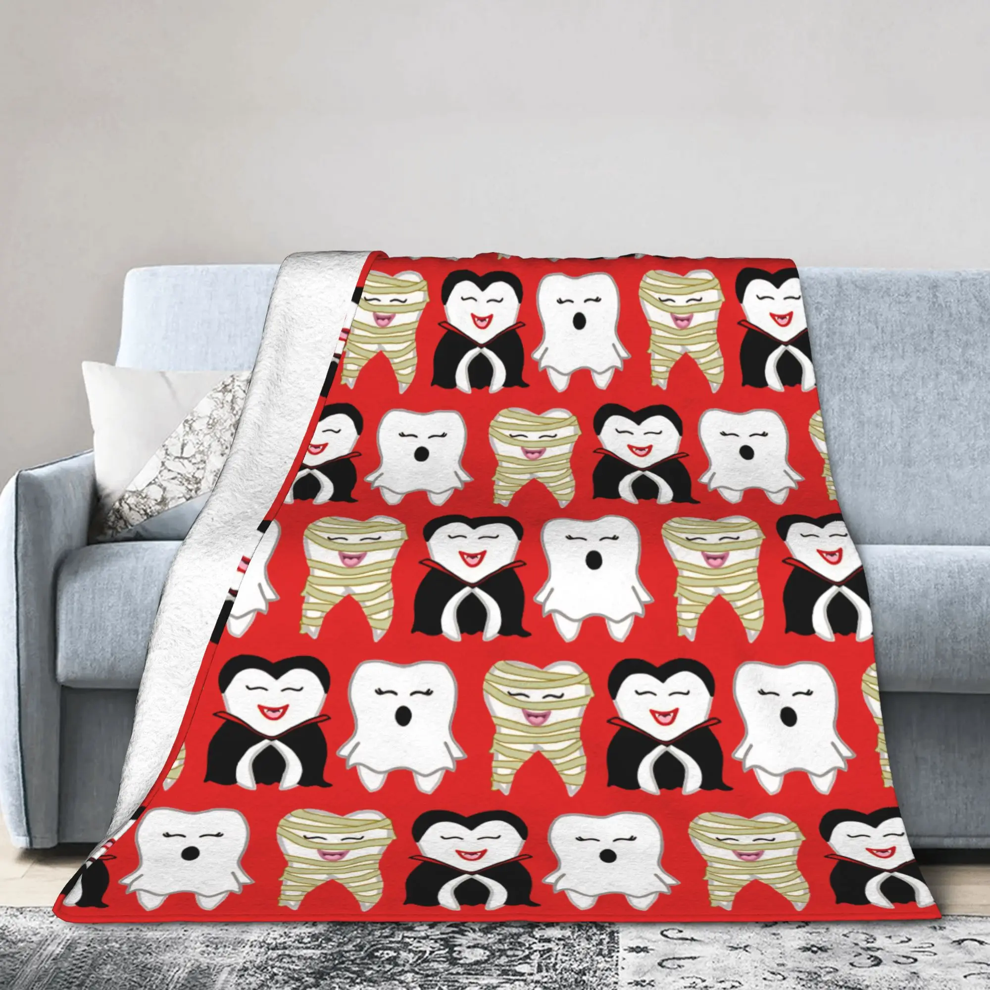 Teeth Trio Blanket Fleece Summer Air Conditioning Cartoon Teeth Helloween Breathable Super Soft Throw Blankets Bedroom Bedspread