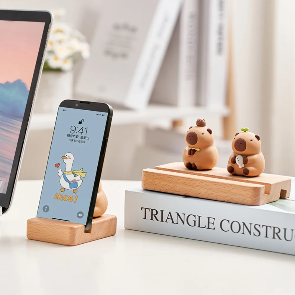 Figure Model Capybara Phone Holder Support PVC Doll Capybara Mobile Phone Stand Cartoon Wooden Capybara Cell Phone Bracket