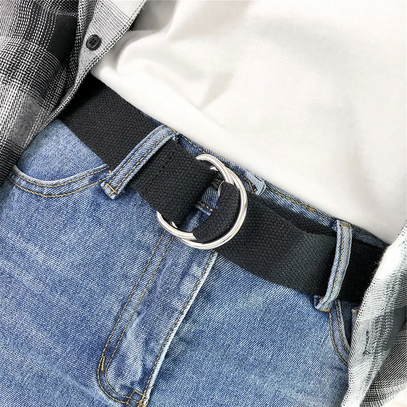 Double ring belt, fashionable, simple, trendy, Korean solid color canvas belt, men's and women's youth student pants belt