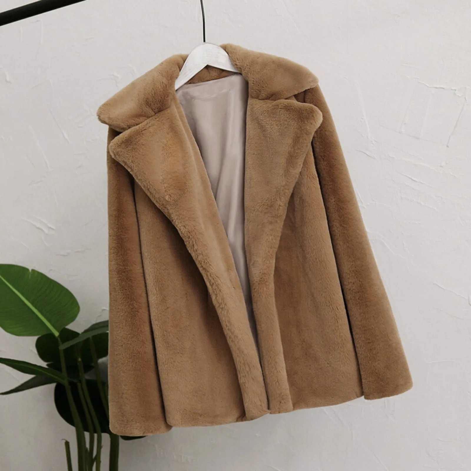 Winter Thicken Warm Solid Faux Fur Overcoat Fashion Lapel Loose Fit Open Front Cardigan Women Soft Comfy Casual Fur Outerwear