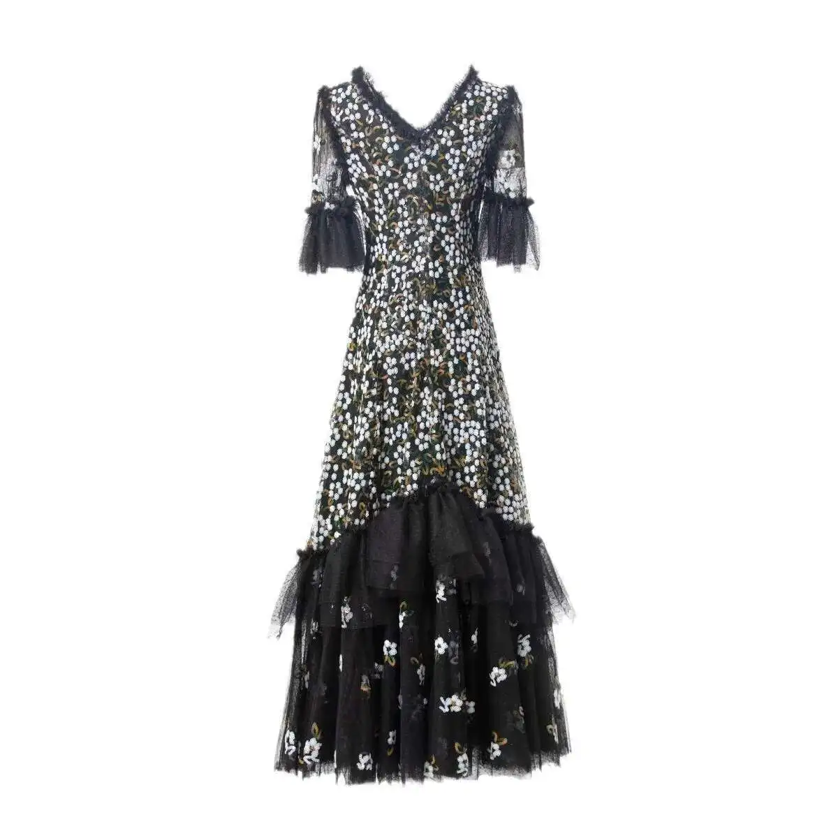 Luxo 2025 primavera flor bordado festa lantejoulas vestido longo feminino manga curta camadas babados bolo vestidos de noite