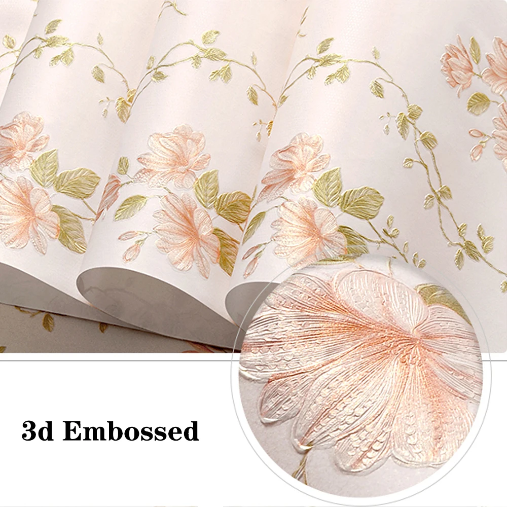 

3D Embossed Exquisite European Flowers Non-Woven Wallpaper Damascus Wedding House Princess Room Pink Floral Wallpaper