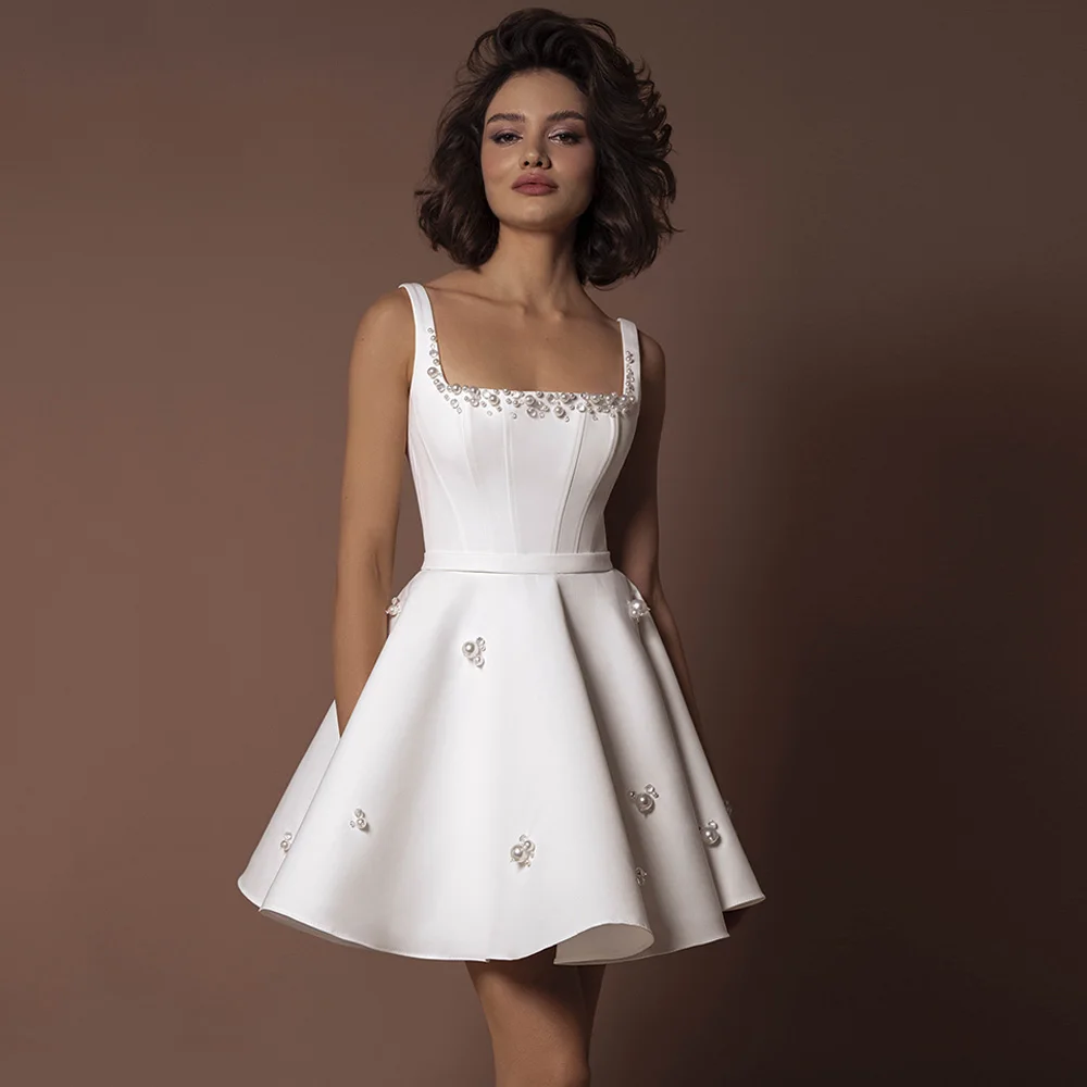 Civil Wedding Dress Customized Sexu Square Neck Sleeveless Beading Pearls Above Knee Little White Gown Short Bridal Dresses