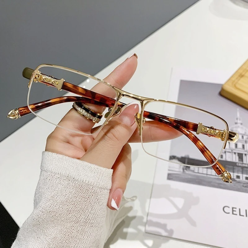 Modische Halbrahmen-Lesebrille für Männer und Frauen, hochwertige Anti-Blaulicht-Ultraleichte Presbyopie-Brille, 0+100 bis+400 – Detail 3