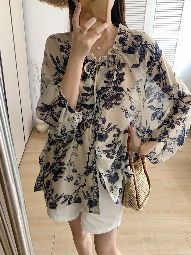 

2025 праздничная рубашка на шнуровке с рюшами и длинными рукавами, весенне-осенняя блузка, женская повседневная рубашка с принтом в стиле ретро, солнцезащитный пляжный топ