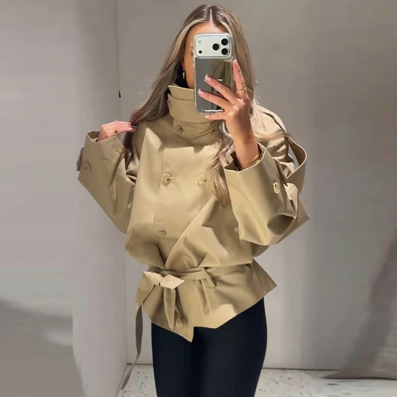 Modischer Stehkragen-Damen-Windbreaker Einfarbiger Doppelreihiger Schnür-Mantel mit Langen Ärmeln Damen-Oberbekleidung 2026 Herbst Neue Kollektion – Detail 7