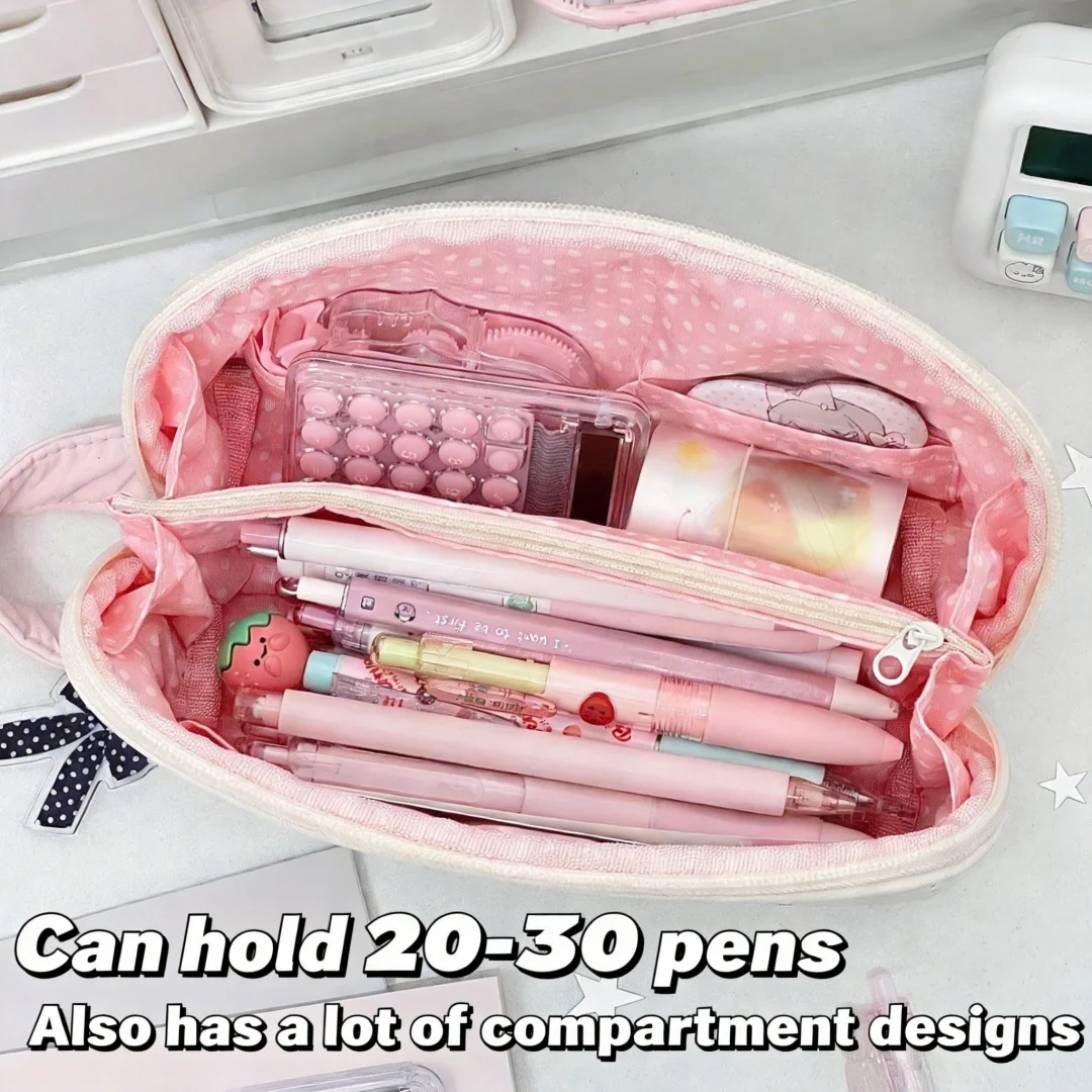 Polka Dot Shell Pencil Case Large Capacity Nylon Pen Bag Kawaii Cute Handheld Stationery Organizer For Girls Student Makeup Bag