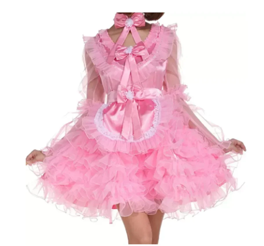 

Lockable Sissy Maid Costume Pink Heart Shaped Neckline Layered Puff Dress Cute Sexy Cosplay Customized Charm for Adults