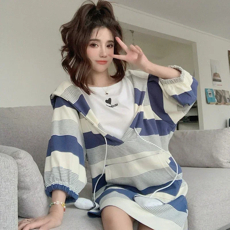 L-4XL Hooded Dresses Women Baggy Preppy Girlish Korean Fashion Clothes Fake Two Piece Sweet Kawaii Vestidos Cozy Temper Striped
