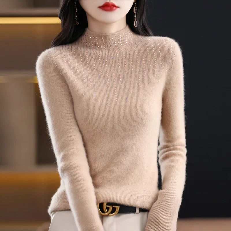 

Women 100% Wool New Autumn Winter Sweater Cashmere Half-high Collar With Diamonds Pullover Slim Elasticity Casual Knitted Tops