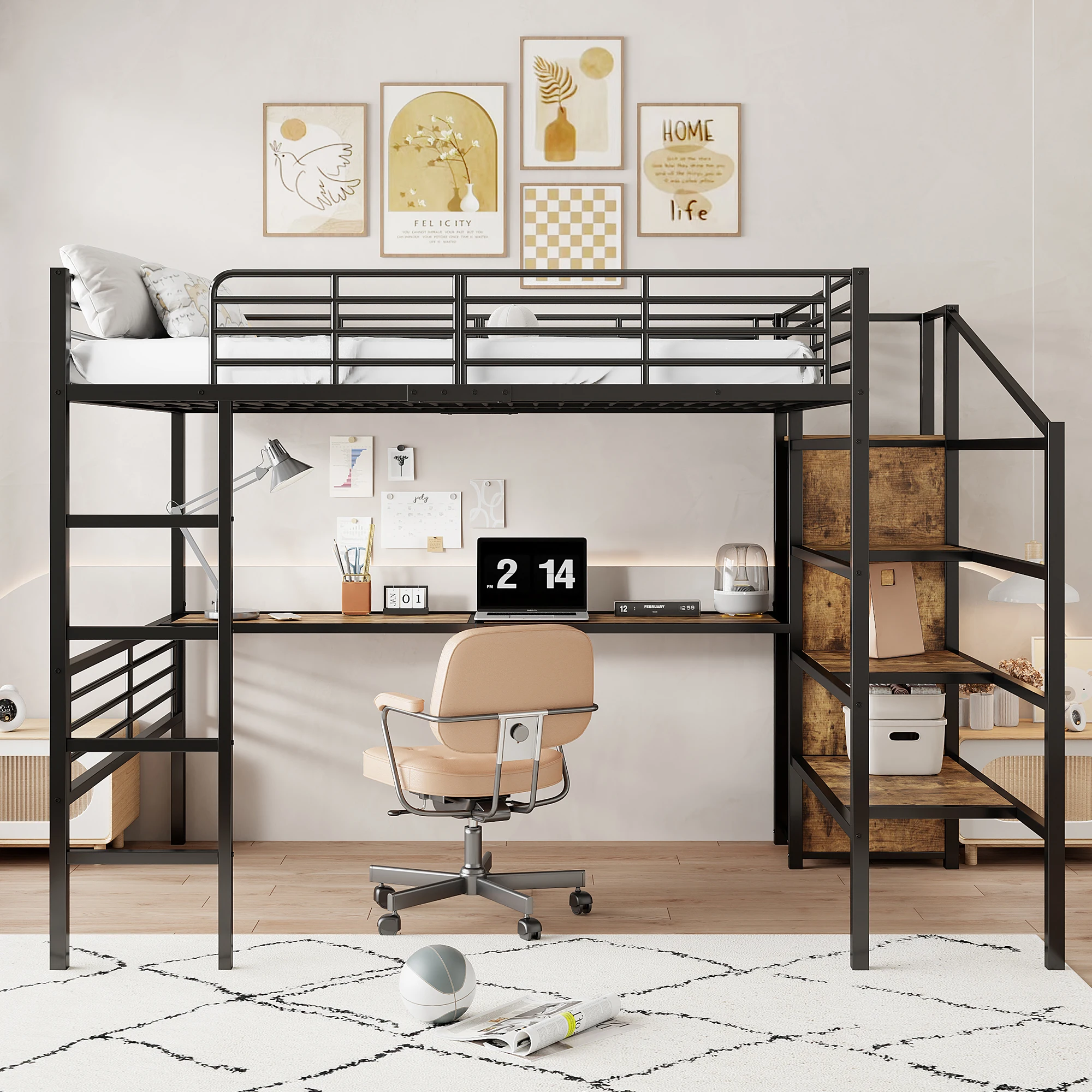 Iron Frame Loft Bed with Desk, Open Wardrobe, and Storage Step Staircase, Without Mattress, Multiple Storage Options