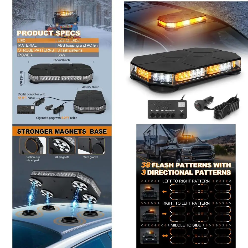 

Magnetic 42 LED Rooftop Strobe Beacon with 28 Flash Modes and Controller for Emergency Vehicle Warning, 12V-24V Compatible