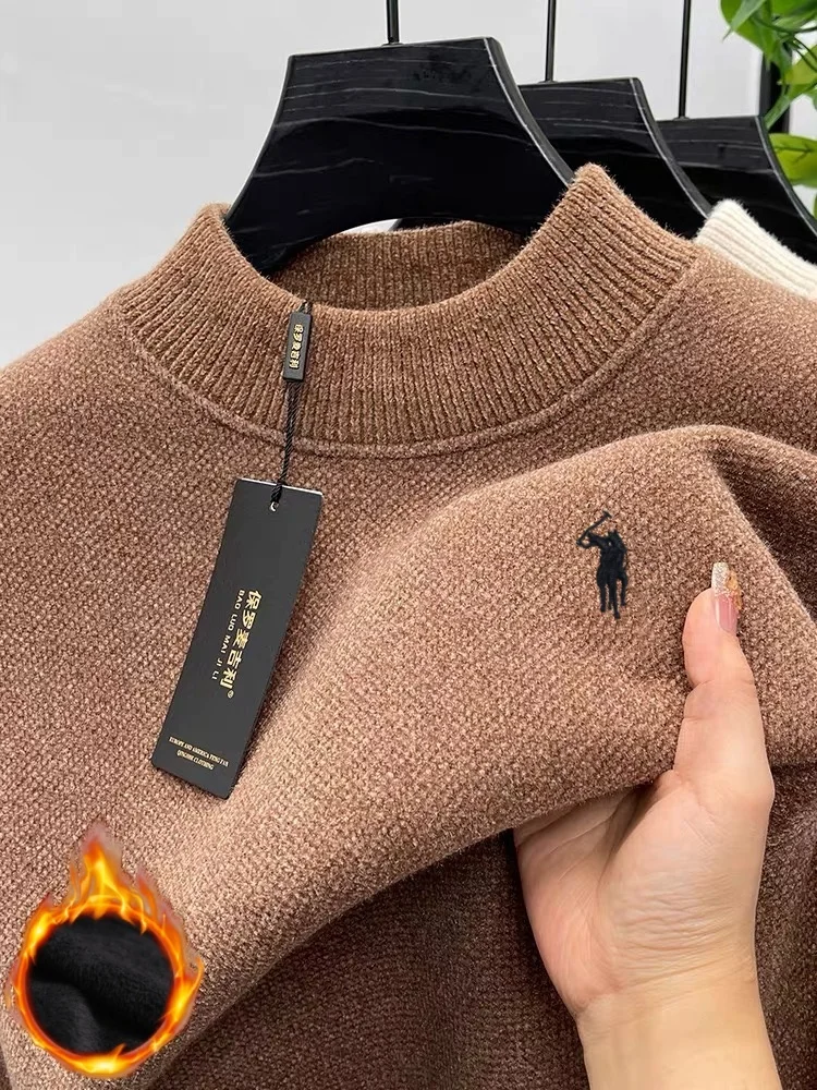 الراقية العلامة التجارية المخملية الرجال مصمم جديد أزياء رائعة المهر التطريز الشتاء سميكة الدافئة جولة الرقبة أعلى بول محبوك سترة #3