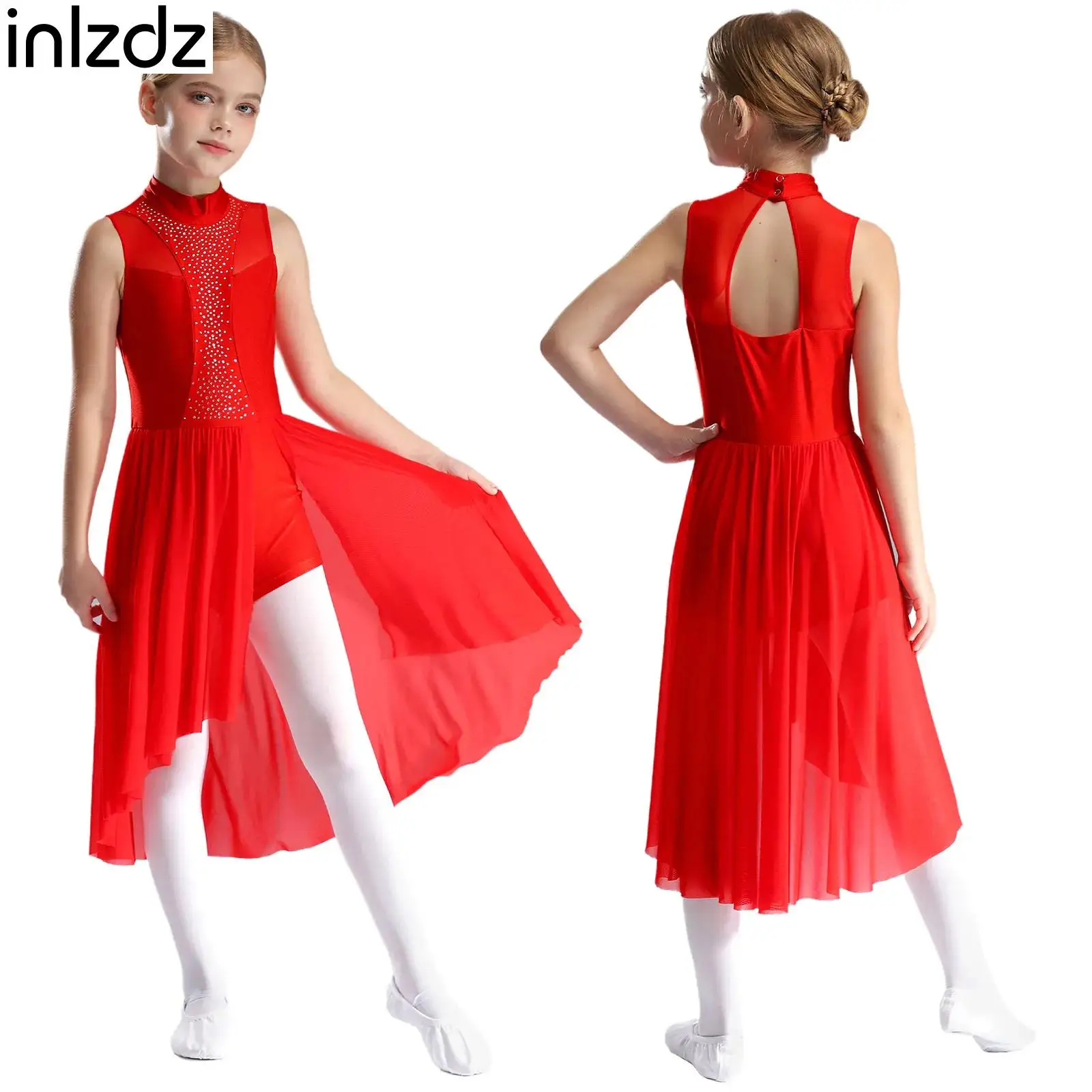 

Girls Lyrical Modern Dance Dress Sleeveless Asymmetrical Hem Dress Ballet Gymnastics Figure Skating Stage Performance Clothes