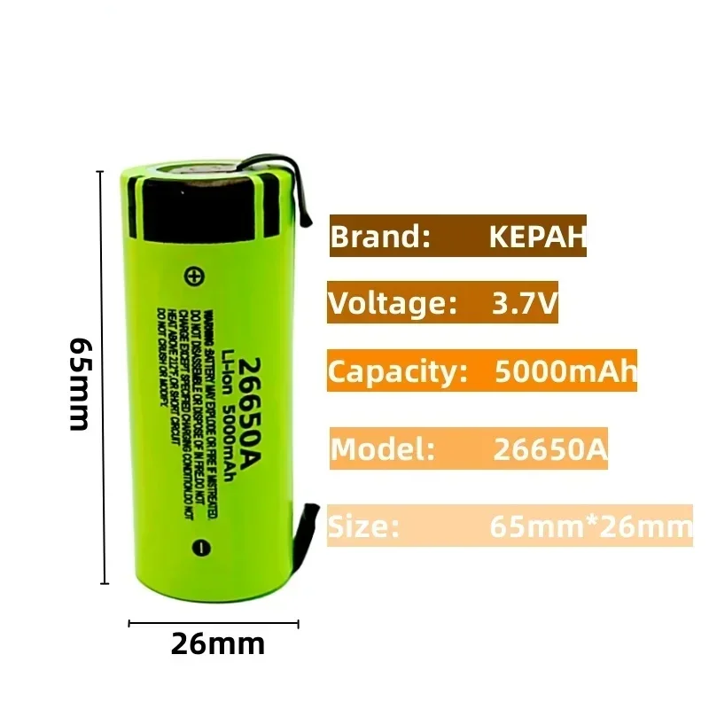 KEPAH 26650 5000mAh Li-ion 3.7v Rechargeable Battery 20A Discharge 3.6V Power batteries +3.7v 26650 DIY Nickel Sheets