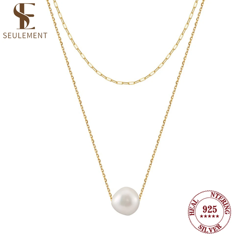 

Seulement Natural Freshwater Pearl Necklace for Women 925 Sterling Silver Chain Necklaces Double Layered Jewelry Accessories