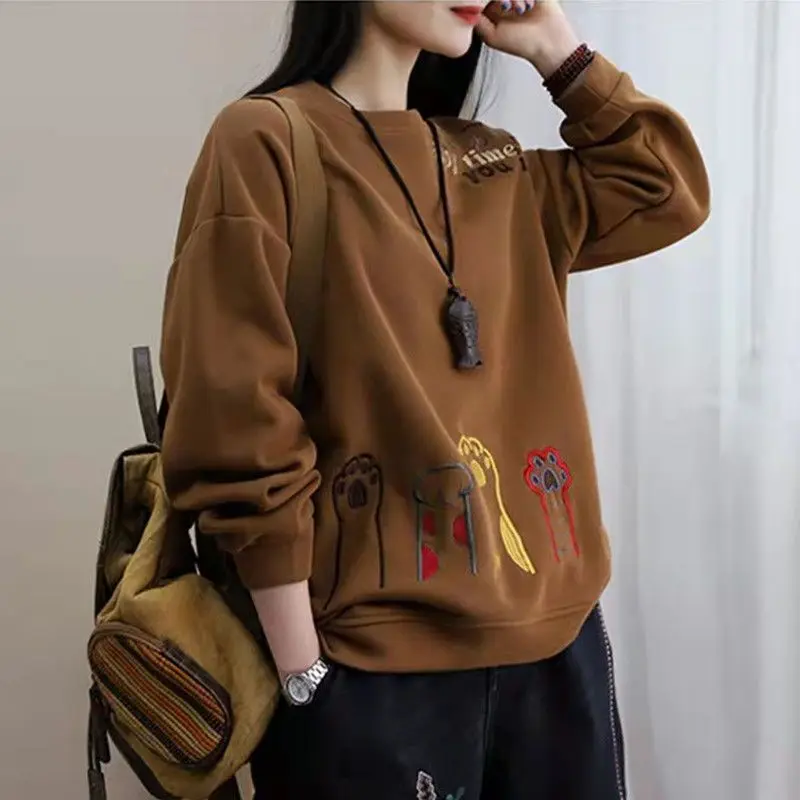 Frauen lustige süße Stickerei lässige Streetwear lose y2k Sweatshirts Herbst Winter Mode Fleece Langarm Pullover Tops