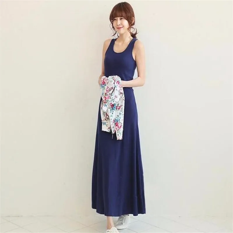 

2026 New Summer Casual Tank Long Dress Knitting Cotton Solid O Neck Hollow Out Sexy Ankle Length Dress Fashion Vintage Clothes