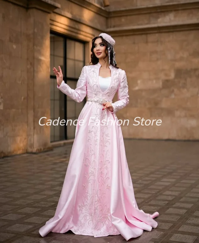 Customized Pink Kaftan Bridal Gown Lace Embroidery vestido novia Long Sleeves A-line Traditional Albanian Women's Wedding Dress