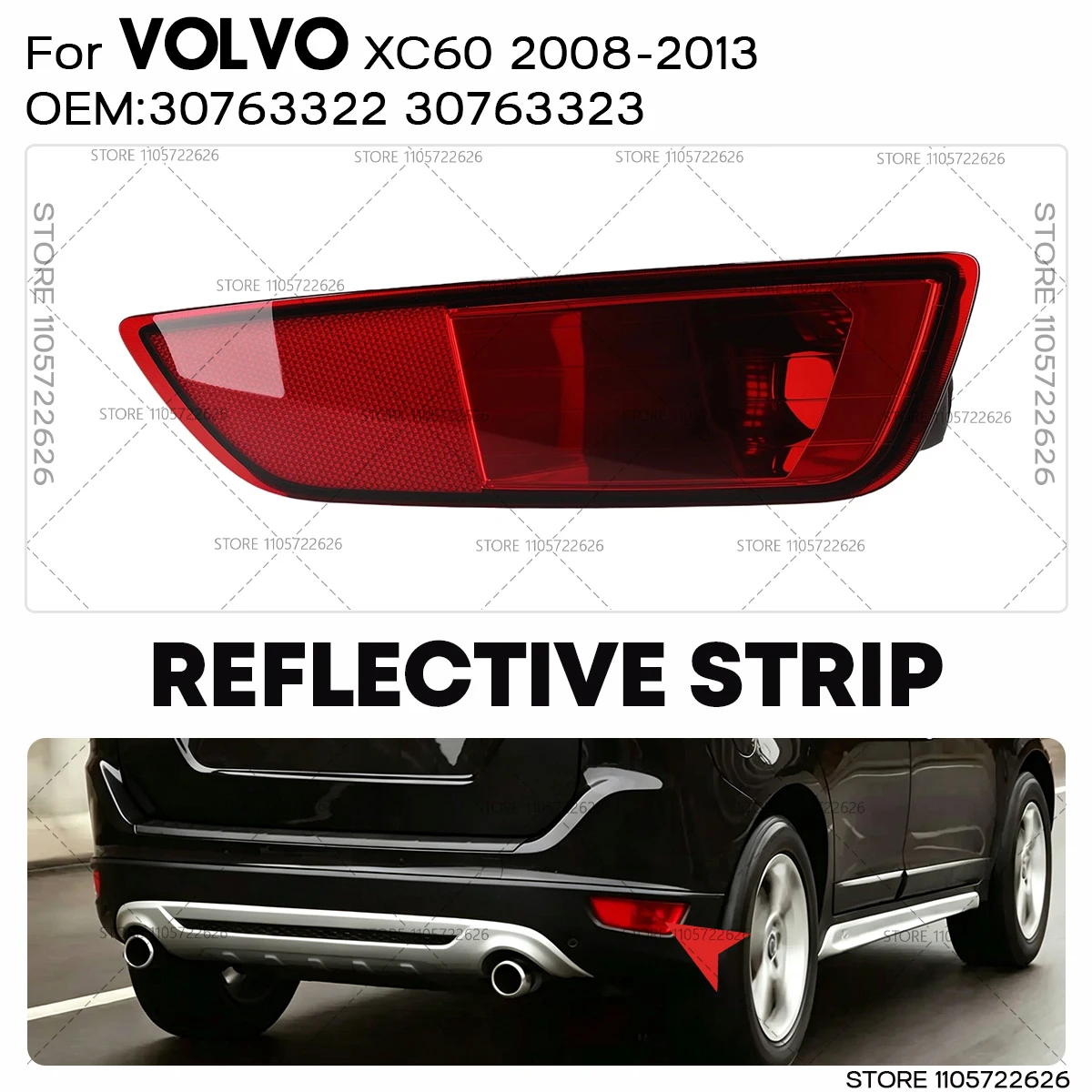 For Volvo 2008 2009 2010 2011 2012 2013 XC60 Rear Bumper Reflector Parking Lights Lamp Cover Reflective Strips 30763322 30763323