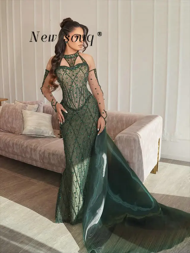 

Сексуальные зеленые платья для выпускного вечера с бретелькой на шее и лентой, хвостом, кристаллами и блестками, вечерние платья, длинные вечерние платья, Vestidos De Soiree по индивидуальному заказу