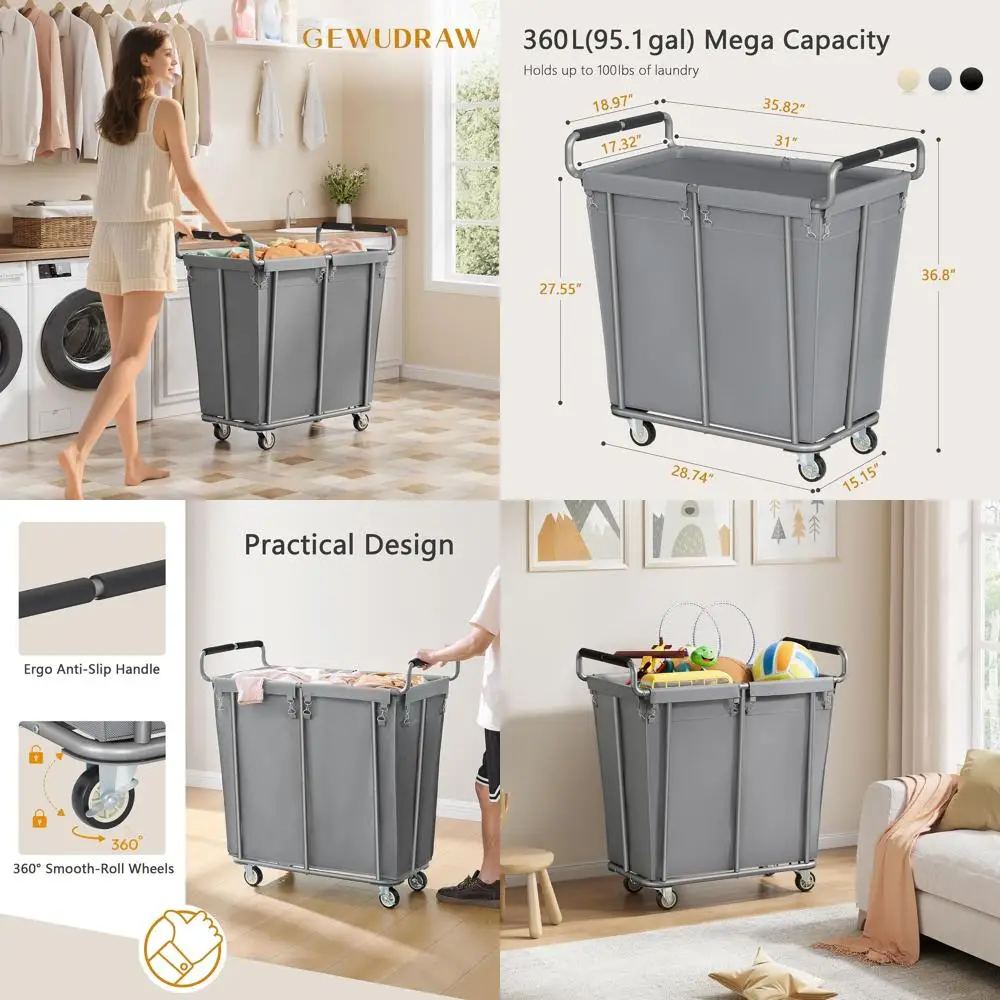 

Extra Large 360L Rolling Laundry Hamper with Wheels, Heavy Duty Steel Frame, Waterproof Liner, Grey