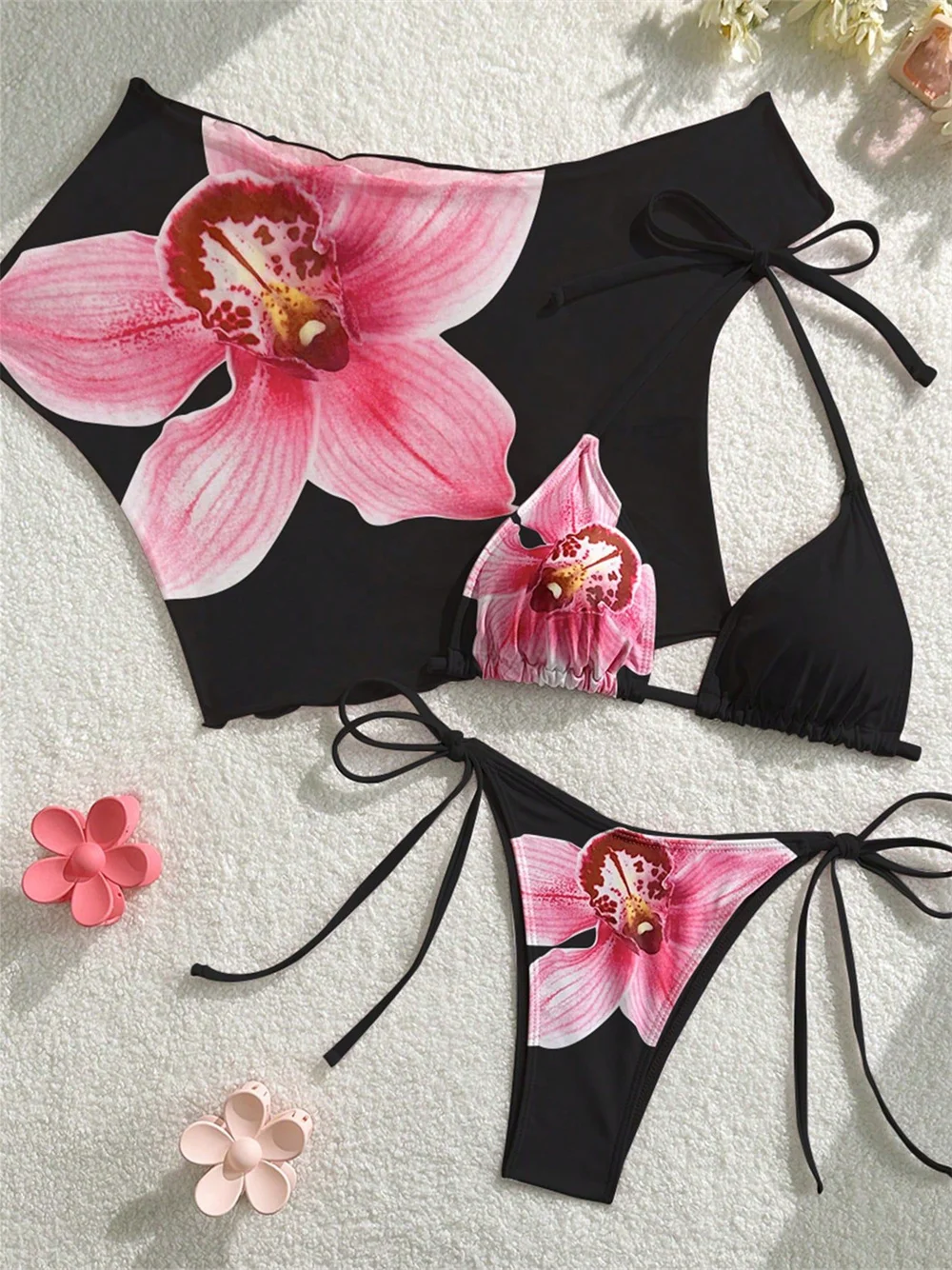 Sexy Black Bikini Contrast Color Floral Print Swimsuit Women's Bikinis and Tankinis Top Sheer Y2k Vacation Swimwear Beach Outfit